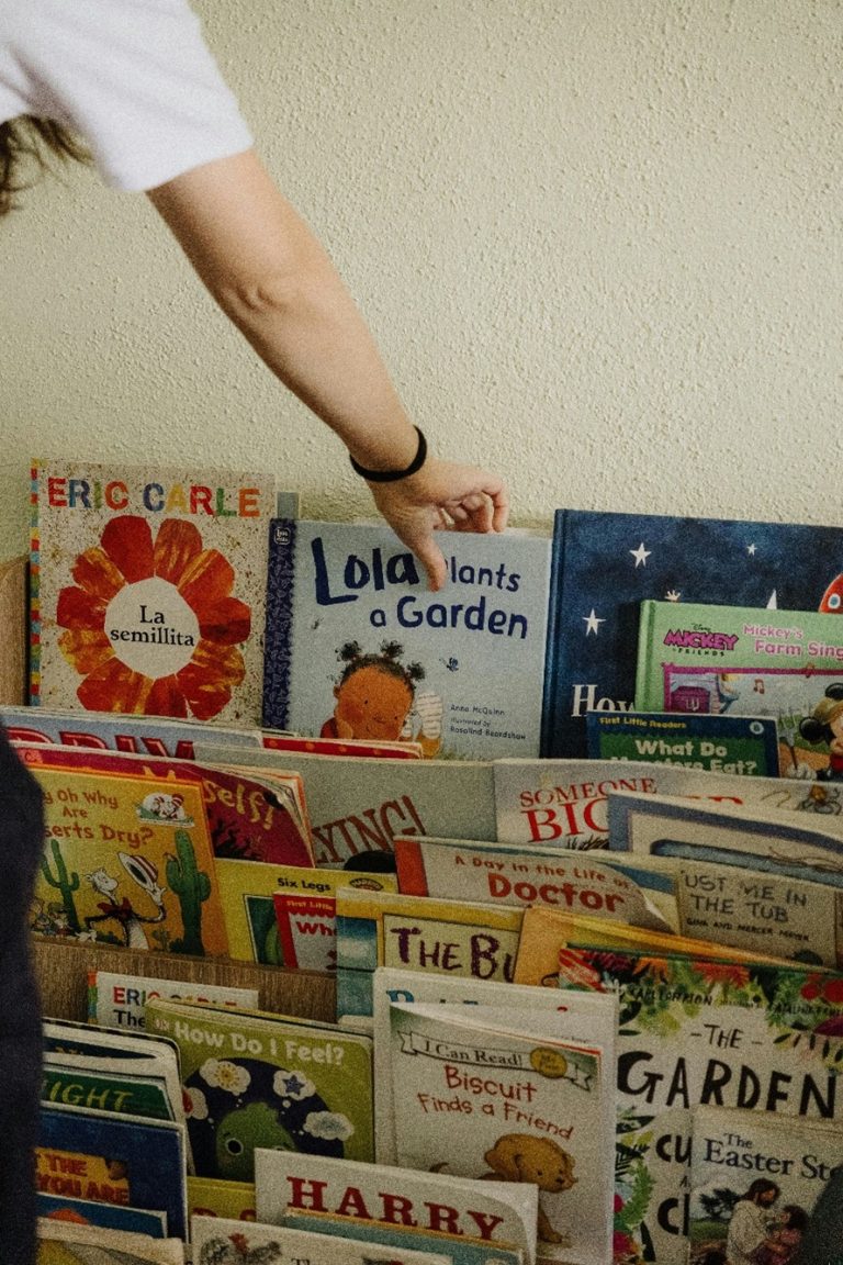 Childrens books on a bookshelf