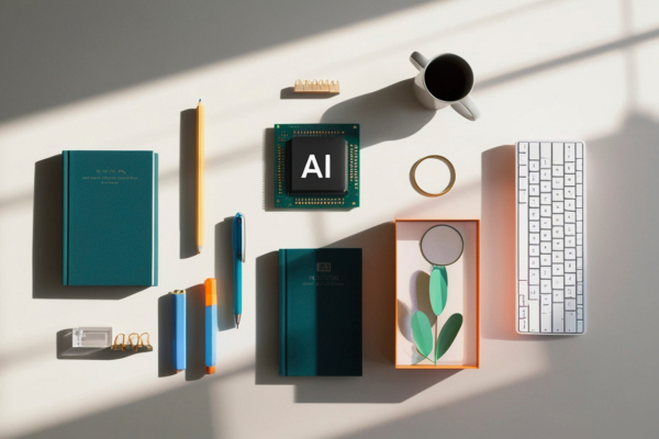 Flat Lay of AI Chip with Office Supplies