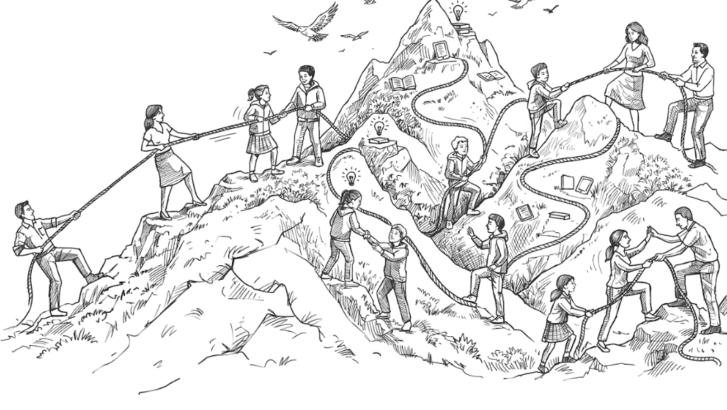 Black and white graphic of people tied together with ropes helping each other climb a mountain, symbolizing teamwork and shared learning.